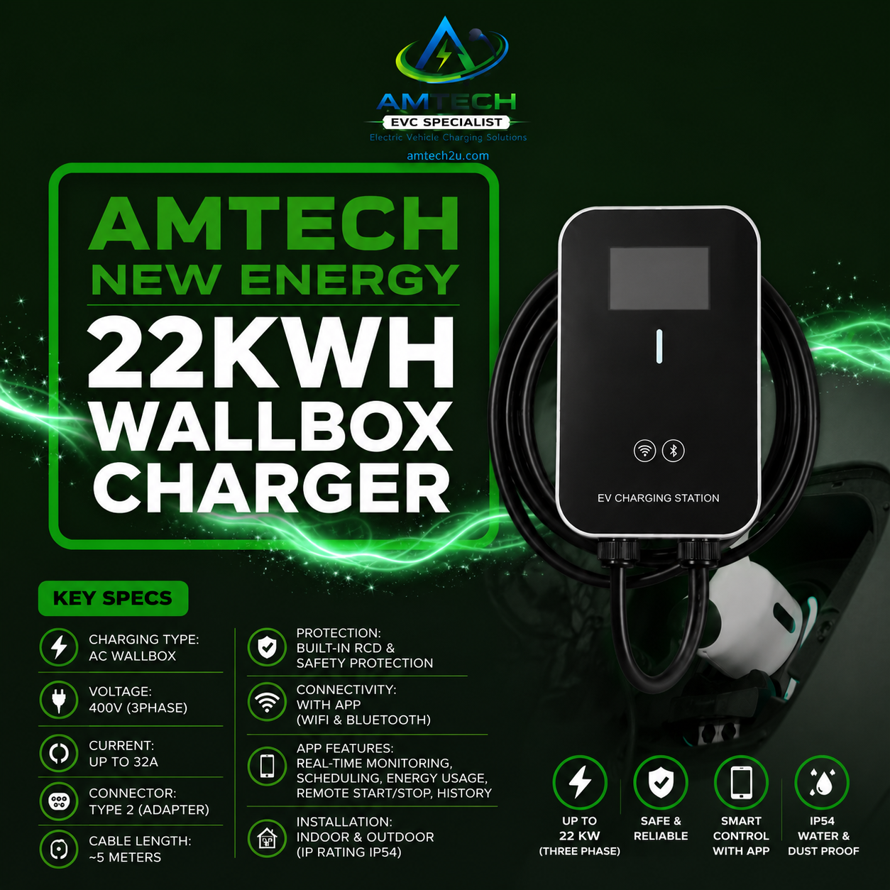 Amtech x New Energy Wall Box Charger 7/11/22 KW (3IN1)